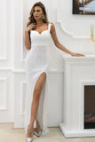 White Sequins Slit Ball Dress