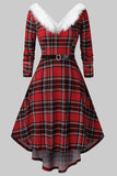 V Neck Long Sleeved Plaid Christmas Dress