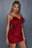 Red Spaghetti Straps Fish Bone Party Dress