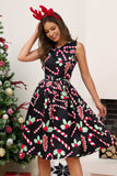 Black Snowman Printed Vintage Christmas Party Dress