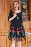 Black V Neck Vintage Dress with Rose Embroidery
