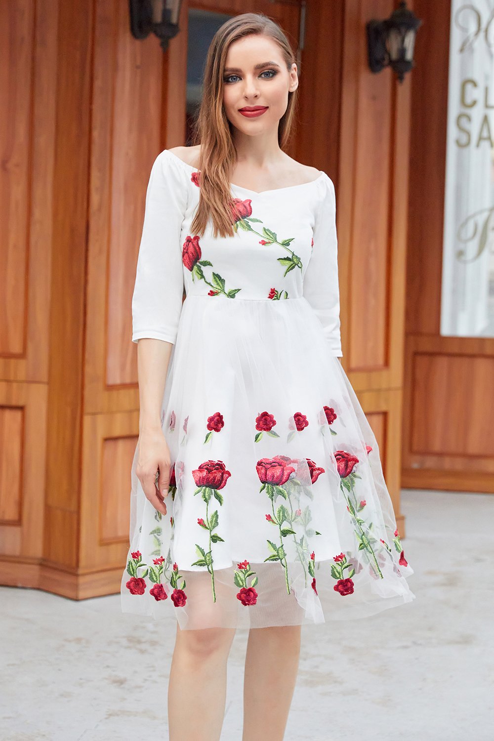 White V Neck Vintage Dress with Rose Embroidery