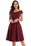 Burgundy Off Shoulder 1950s Dress