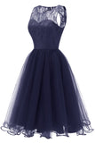 Navy Round Neck Lace  Cocktail Party Dress