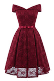 Burgundy Off the Shoulder Lace Dress with Bowknot