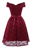 Burgundy Off the Shoulder Lace Dress with Bowknot