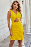 V Neck Tight Fitting Yellow Cocktail Party Dress