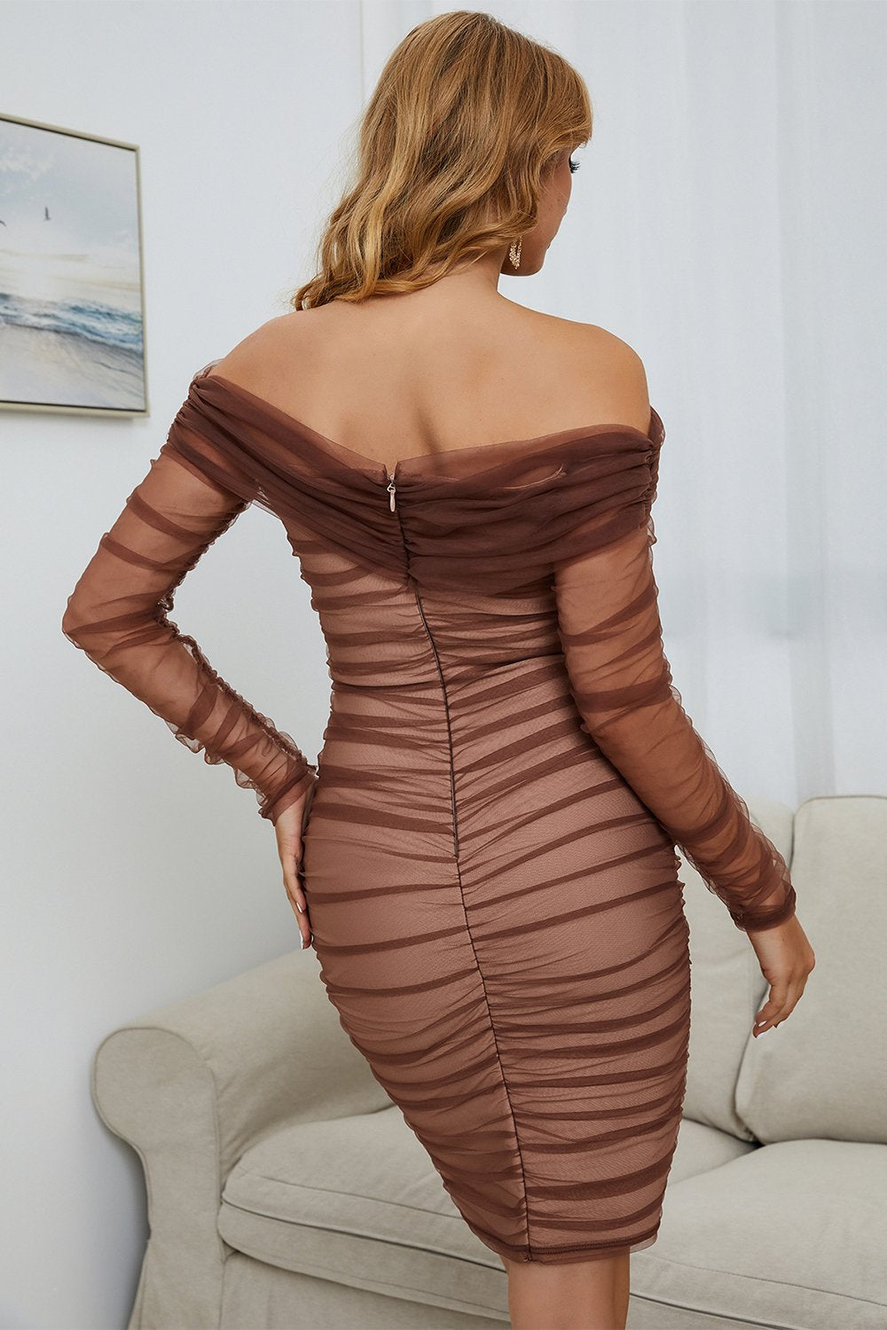 Off the Shoulder Brown Cocktail Party Dress