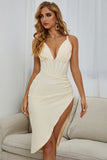 Deep V Neck Apricot Cocktail Dress with Slit