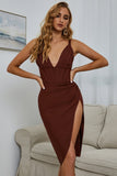 Deep V Neck Apricot Cocktail Dress with Slit