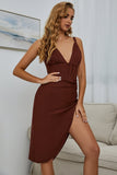 Deep V Neck Apricot Cocktail Dress with Slit