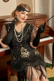 Black Golden Sequins Gatsby Fringed Plus Size 1920s Dress