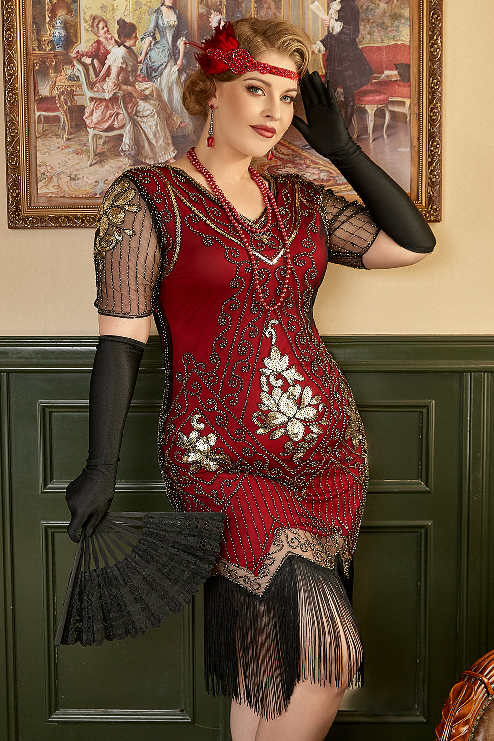 Red Golden Plus Size 1920s Gatsby Sequin Fringed Paisley Flapper Dress