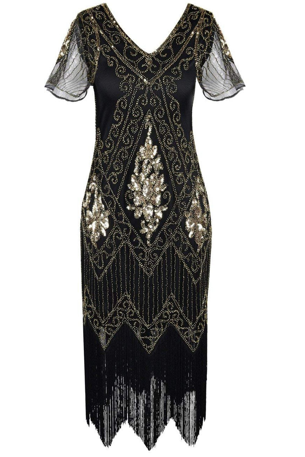 V Neck Black 1920s Plus Size Flapper Dress