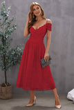 Red Off Shoulder Midi Lace Dress