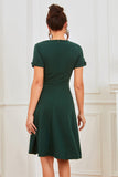 V Neck Dark Green Pleated Waist Vintage Dress