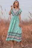 Green V-neck Print Maxi Summer Dress