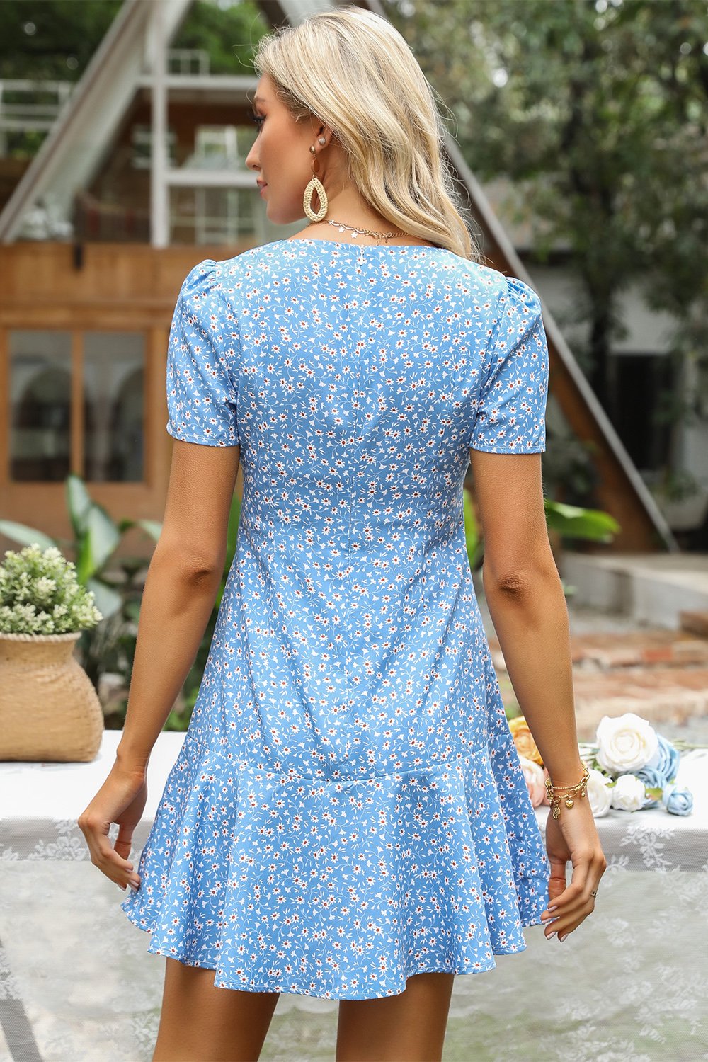 Blue Floral Print Casual Dress