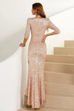 Sheath V Neck Champagne Sequins Long Party Dress