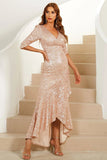 Sheath V Neck Champagne Sequins Long Party Dress