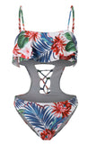 Floral Lace Up One Piece Swimsuits