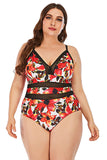 Red Flower Print Plus Size One Piece Swimsuit