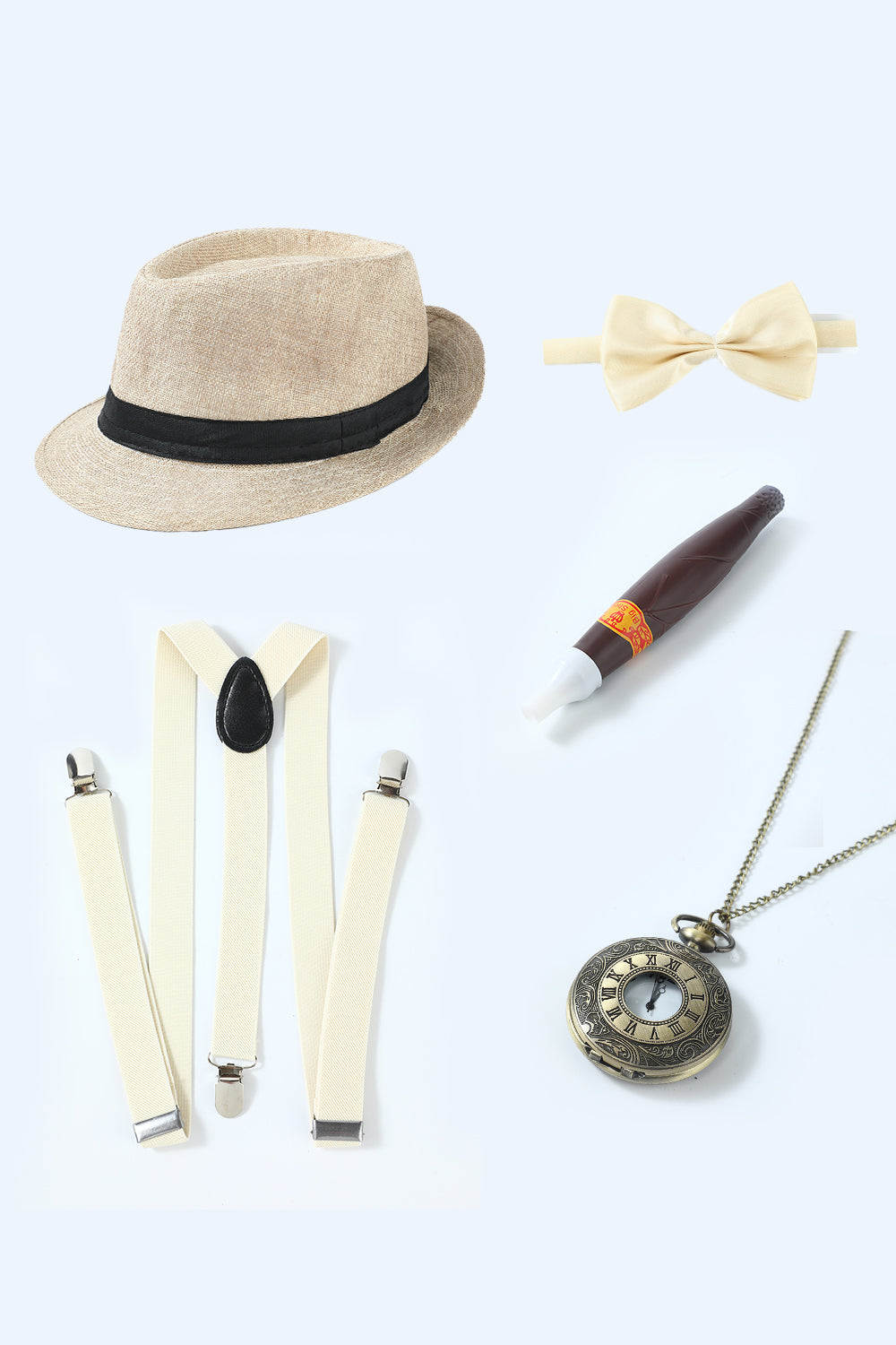 1920 Mens Gatsby Costume Accessory Set With Panama Gangster Hat Beard  Adjustable Elastic Braces Neck Bow Pocket Watch Leg Ring For Party