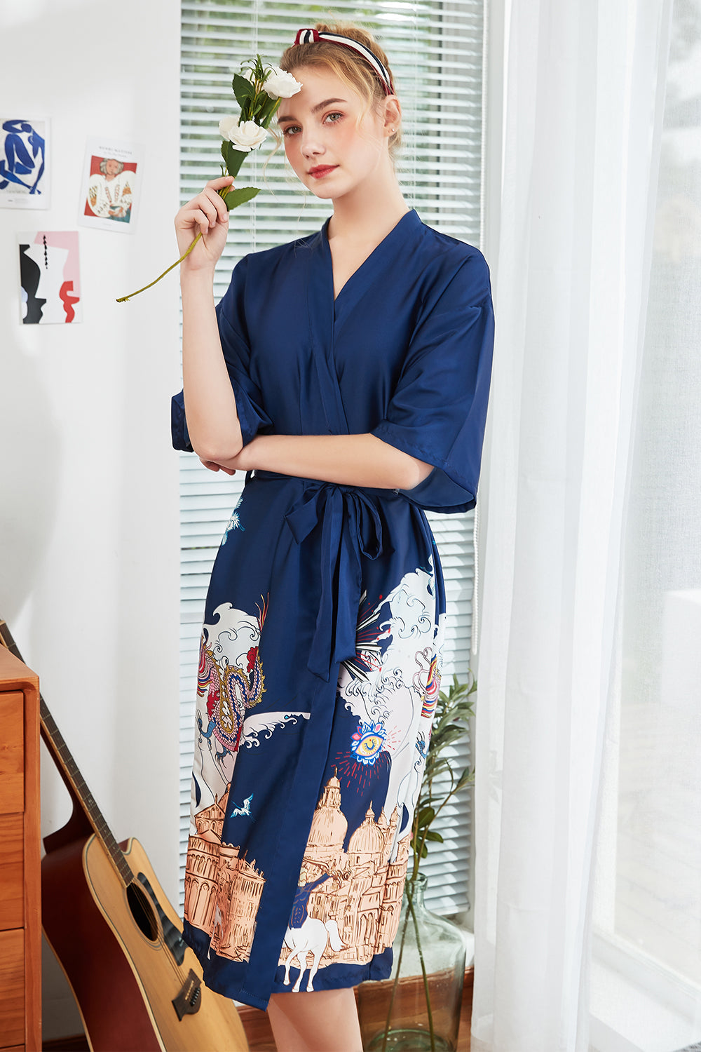 Blush Printed Satin Bridal Robes Kimono