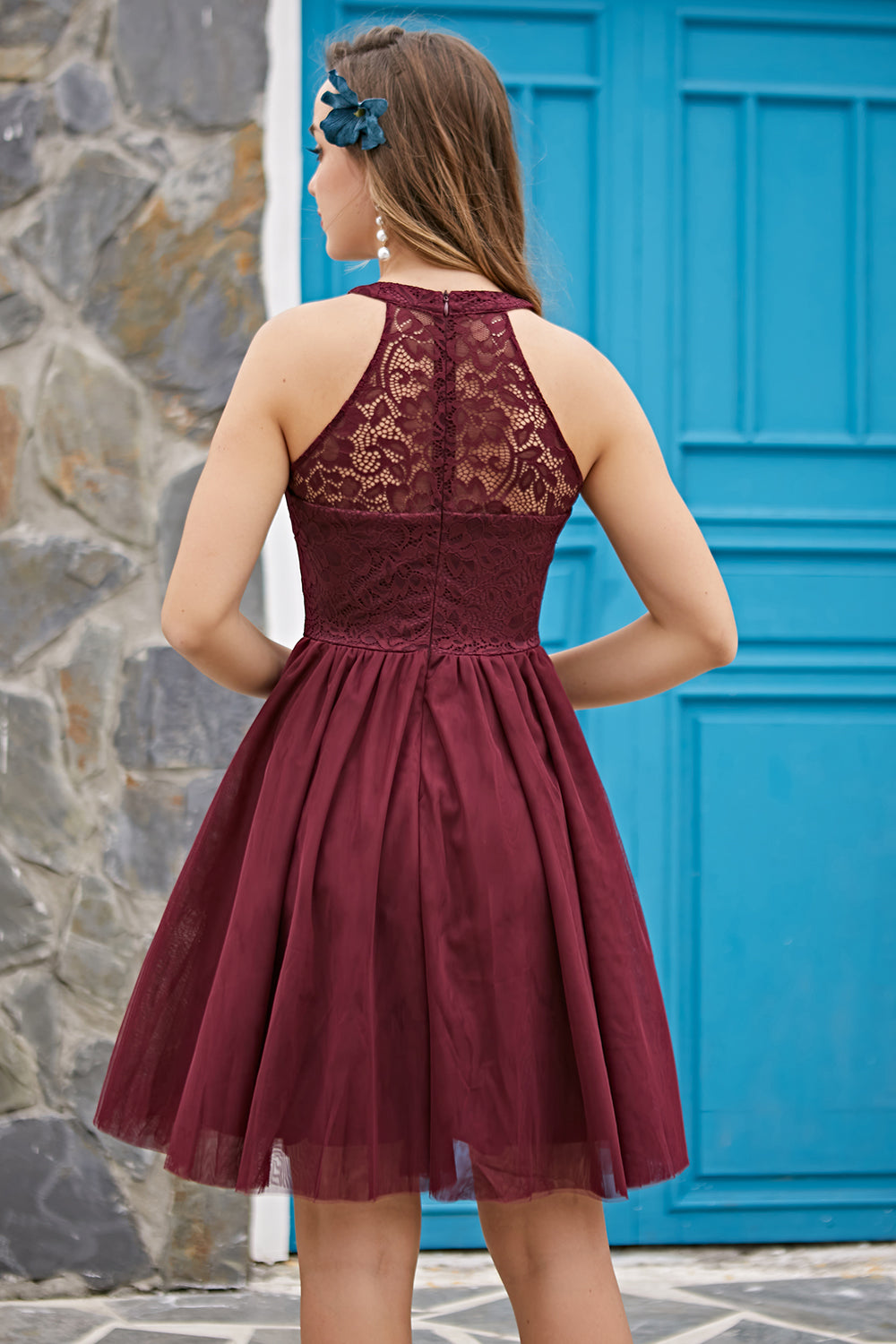 Burgundy Halter Lace Dress