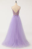 Purple Beaded Tulle Long Ball Dress