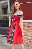 Off Shoulder Red Polka Dots 1950s Dress