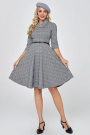 Grey Vintage Plaid 1950s Swing Party Dress with Sleeves