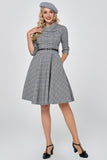 Grey Vintage Plaid 1950s Swing Party Dress with Sleeves
