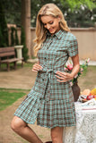 V Neck Grid Grey Vintage Dress with Short Sleeves