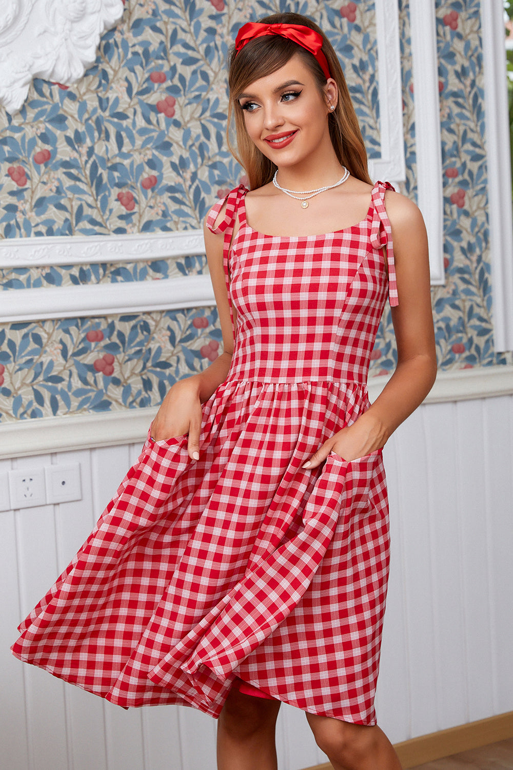 Red Plaid Vintage Dress with Bows