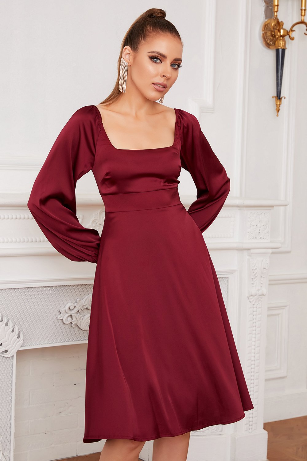 Burgundy Long Sleeves Formal Party Dress