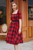 Red Plaid Square Neck 1950s Dress