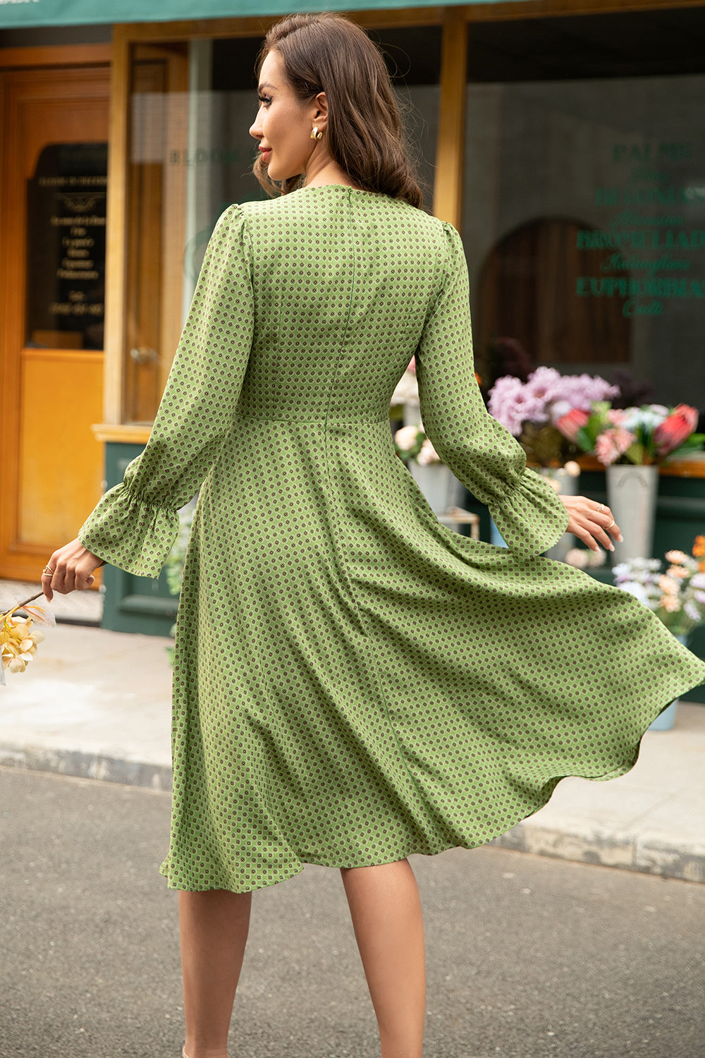 Green Printed Long Sleeves Casual Dress