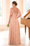 Floral Print Orange Bridesmaid Dress