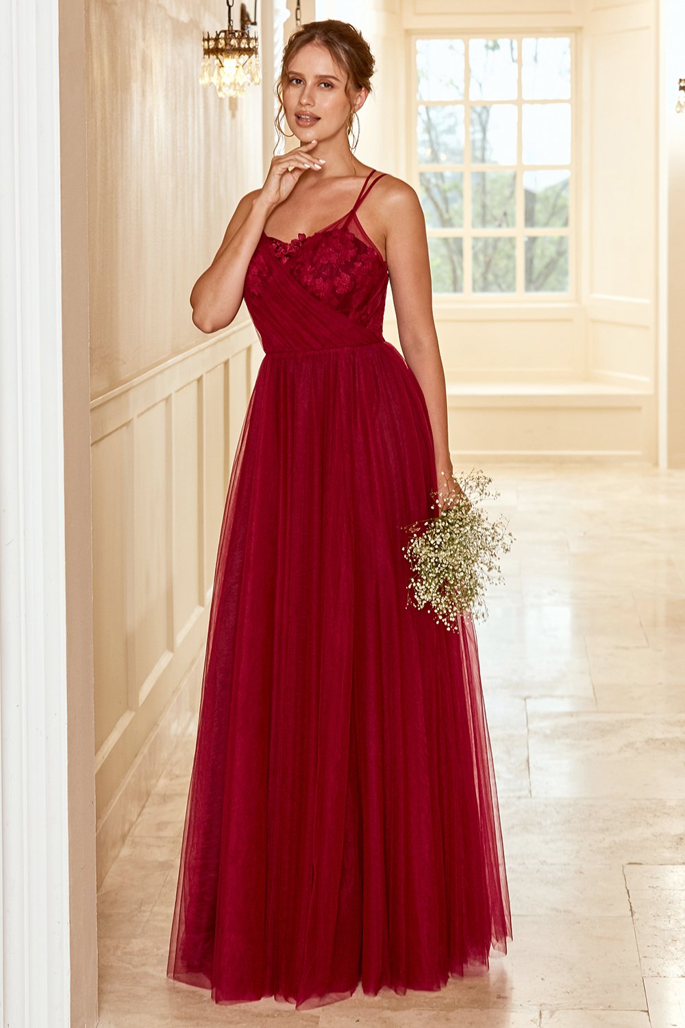 Burgundy Long Bridesmaid Dress with Lace