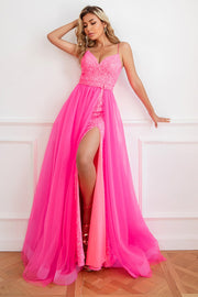 Fuchsia Sequins Tulle Ball Dress with Split Front