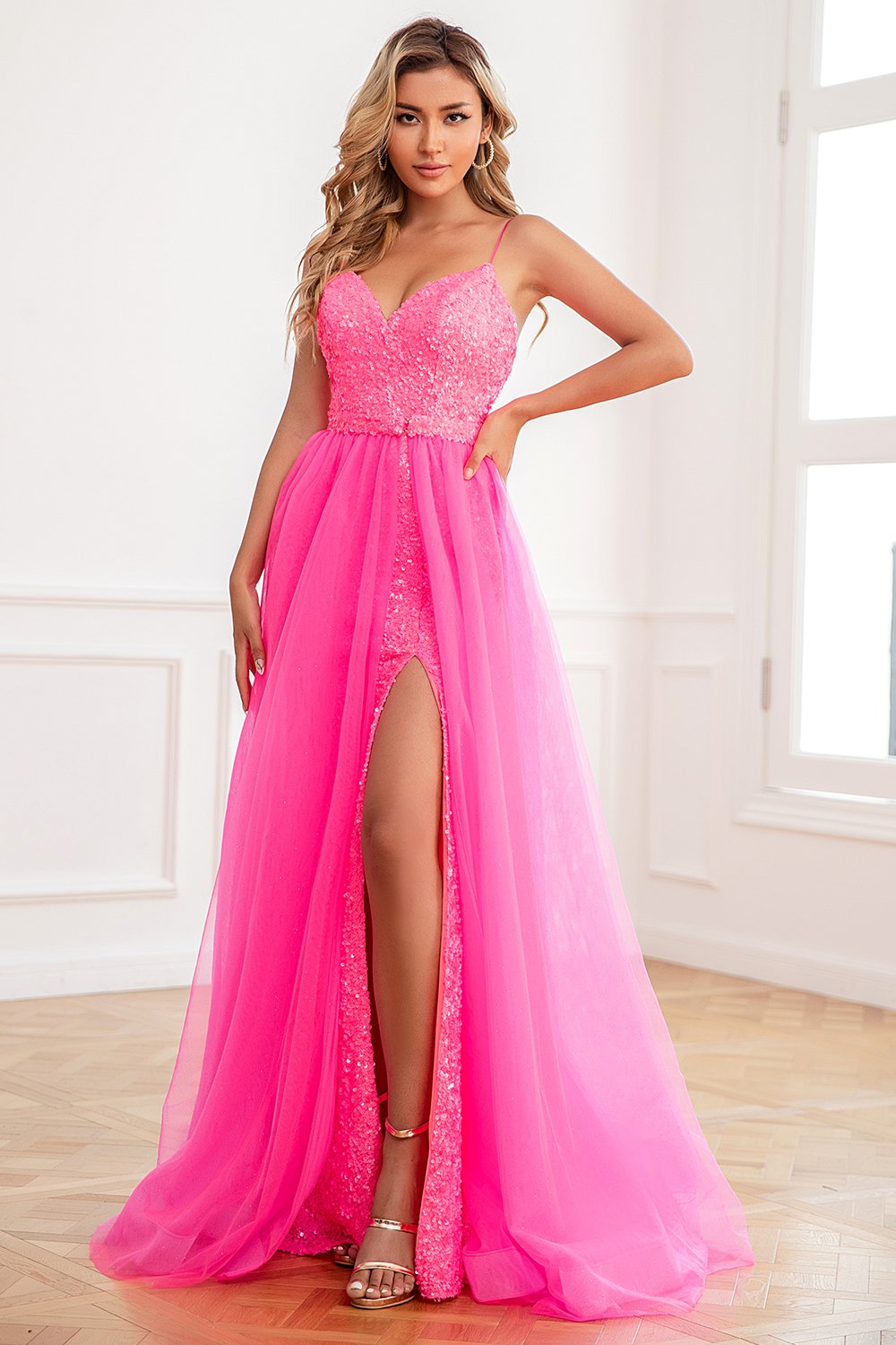 Fuchsia Sequins Tulle Ball Dress with Split Front