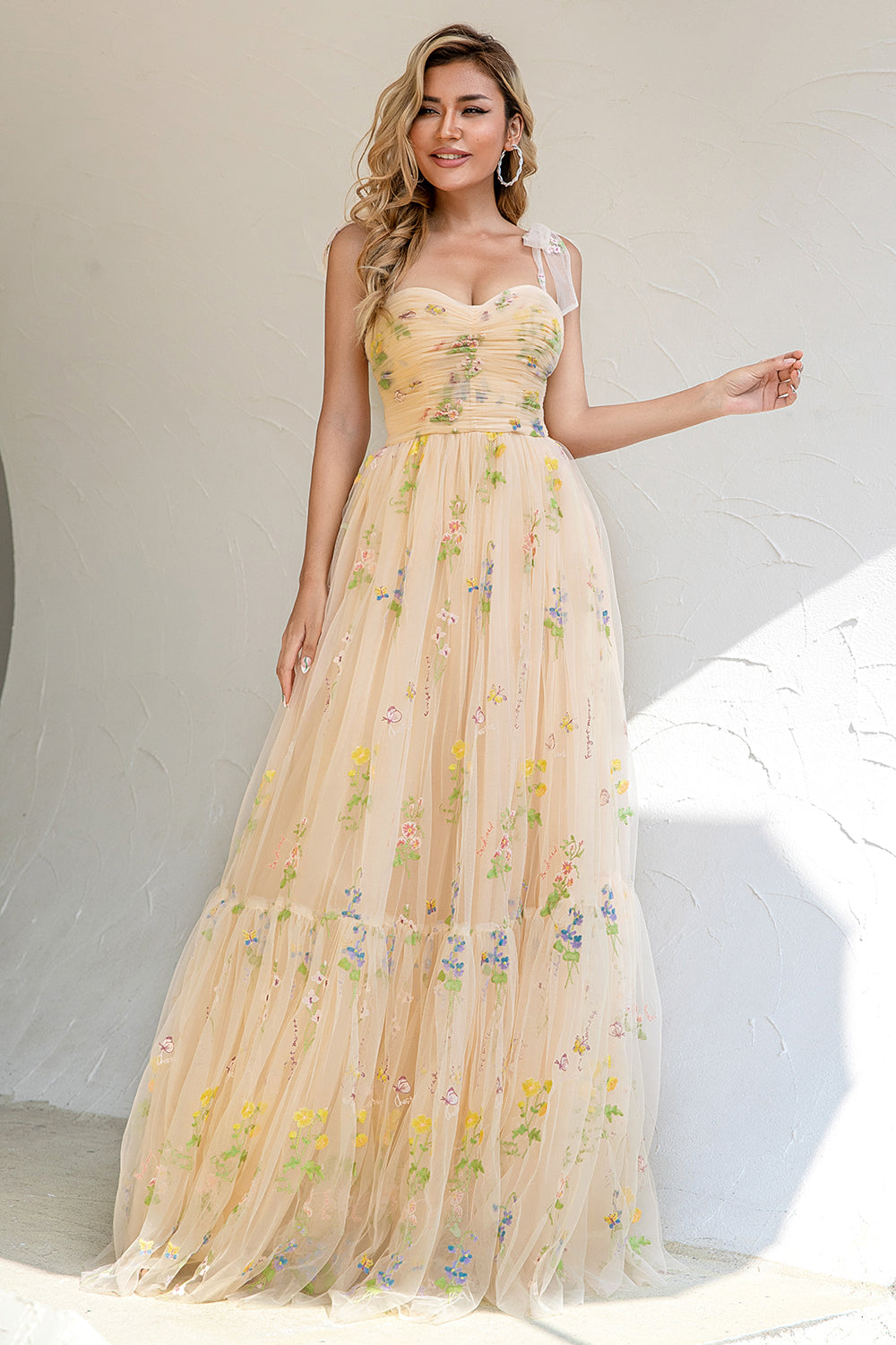 A Line Empire Waist Long Champagne Formal Dress with Appliques