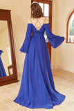 A Line Off the Shoulder Royal Blue Ball Dress with Split Front