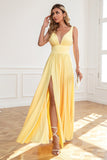 Simple Yellow V-Neck Empire Split Floor-Length Dress