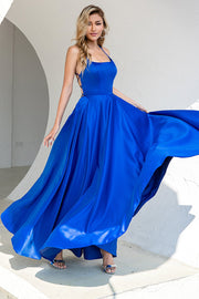 Royal Blue Backless Satin Ball Dress