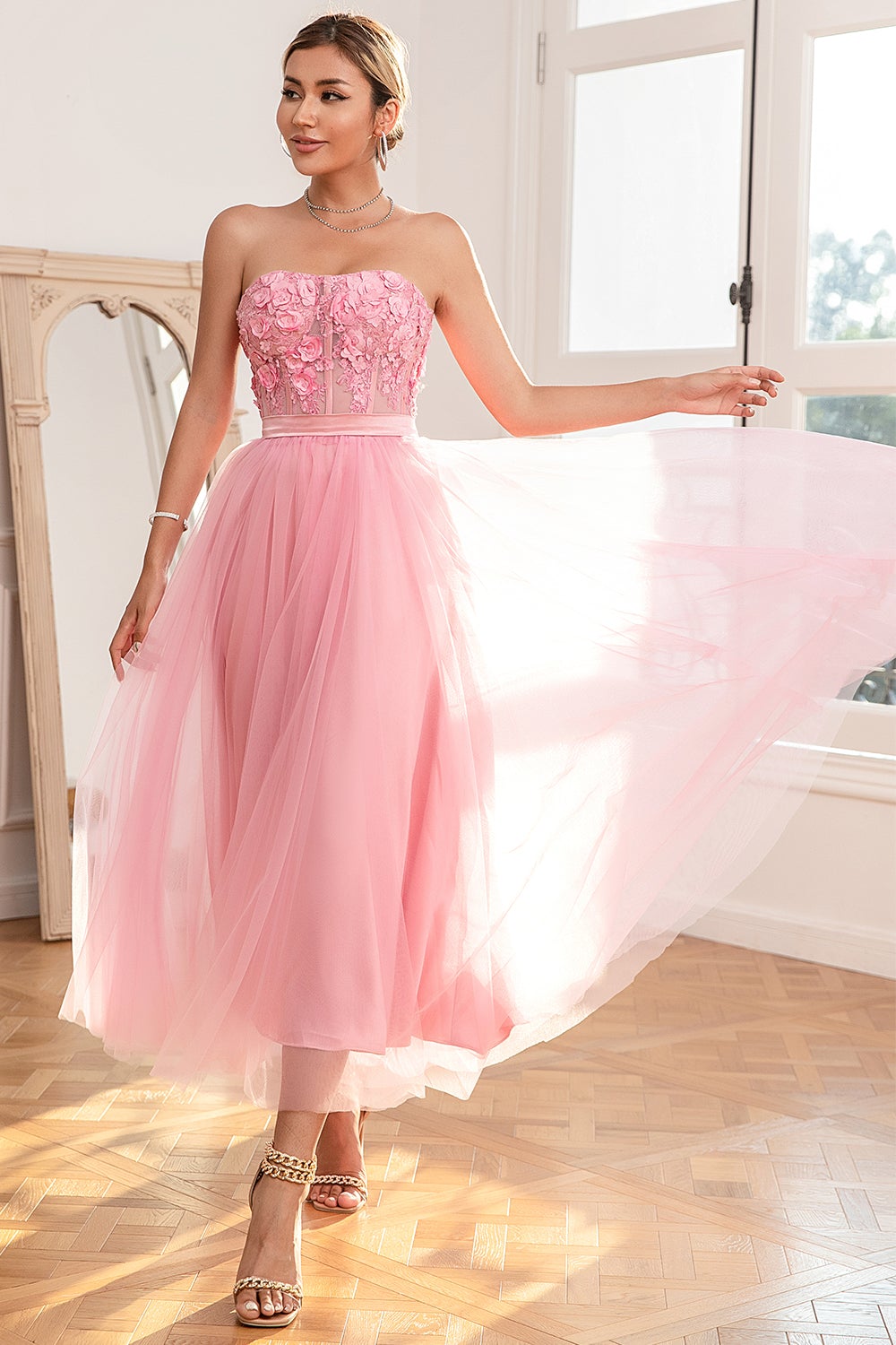 Gorgeous A-Line Strapless Pink Ball Dress with Appliques