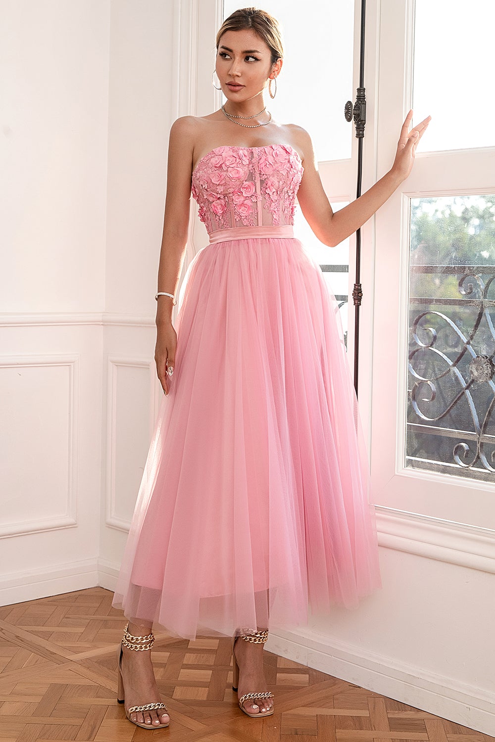 Gorgeous A-Line Strapless Pink Ball Dress with Appliques