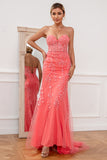 Strapless Coral Appliqued Tulle Long Ball Dress