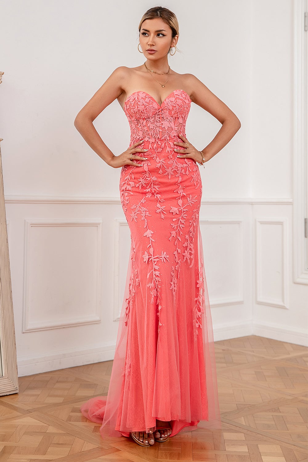 Strapless Coral Appliqued Tulle Long Ball Dress